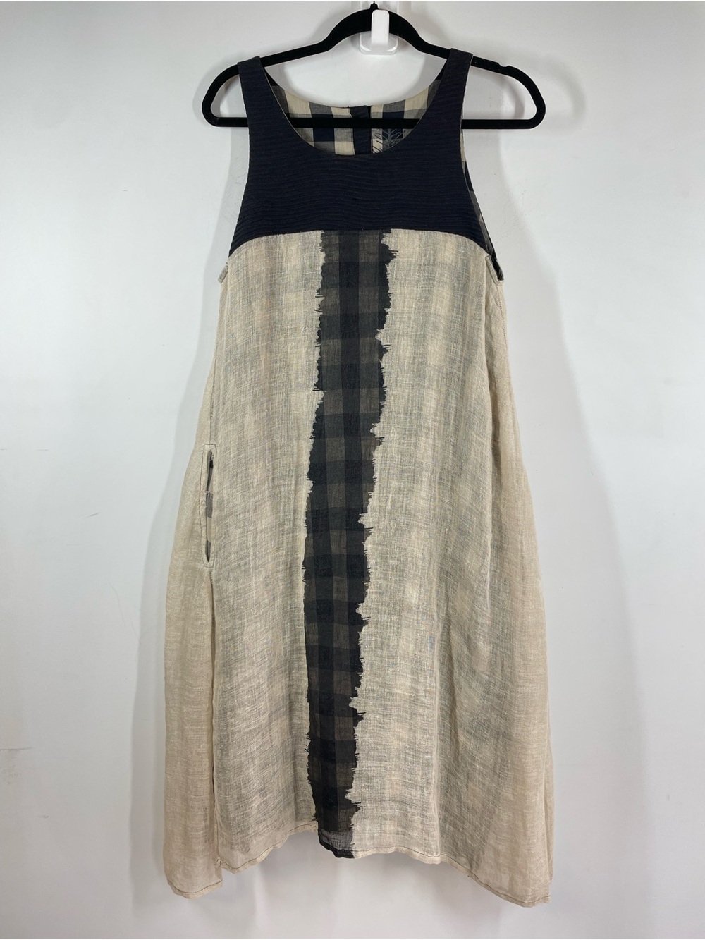 Artisan Beige Black Linen Cotton Gingham Lined Midi Dress Lagenlook Boho Artsy
